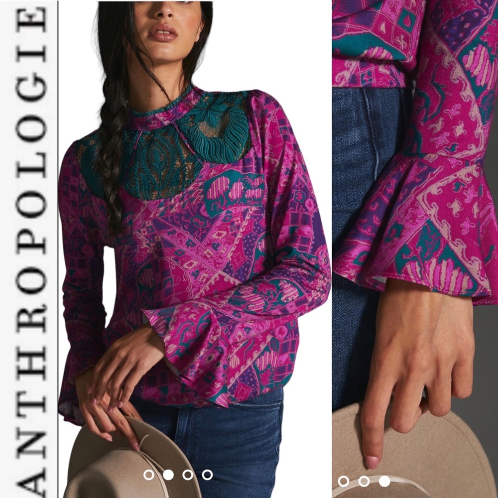 NWT Anthropologie Tiny Brendan Flutter Sleeve Top small pink/turq